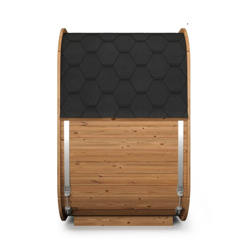 InMedias Sauna Icon 125 roof and rear side view – black shingle roofing in hexagonal pattern with rear wooden panel and steel supports , on a white background.