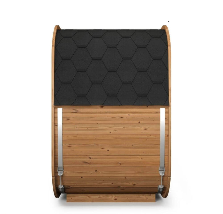 InMedias Sauna Icon 125 roof and rear side view – black shingle roofing in hexagonal pattern with rear wooden panel and steel supports , on a white background.