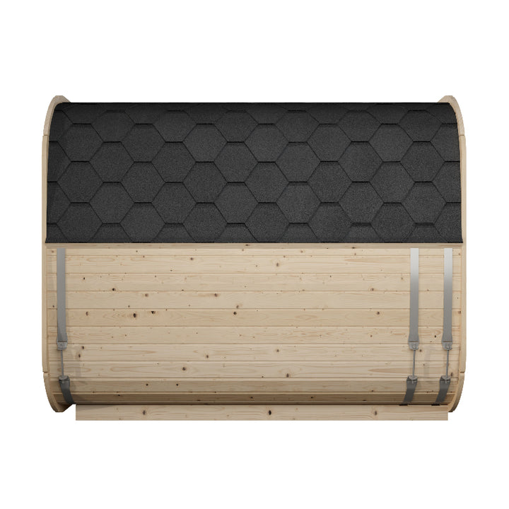 Side profile of the InMedias Sauna Icon 250S showing the rounded frame, light wood paneling, and black shingle roof – on a white background.