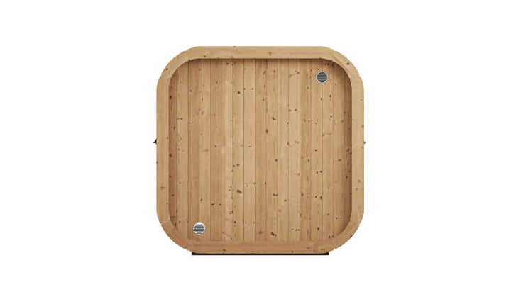 InMedias Sauna Icon 200S rear panel on a white background showing vertical wood planks and two air vents.