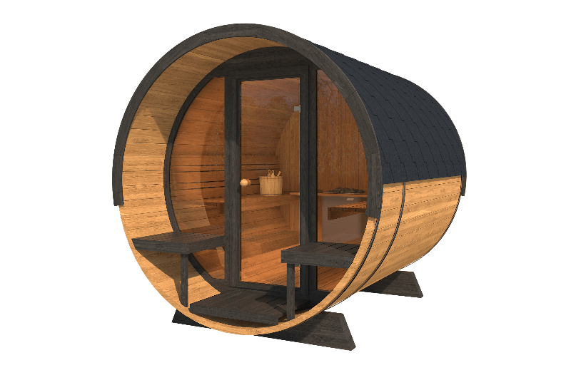 InMedias Barrel Sauna 280 Deluxe with black framed glass door and black shingles on a transparent background.