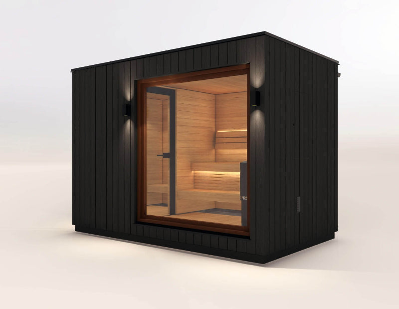 Saunum AirCube Double sauna cabin with black vertical wood paneling, large glass window, and interior lighting, on a white background.