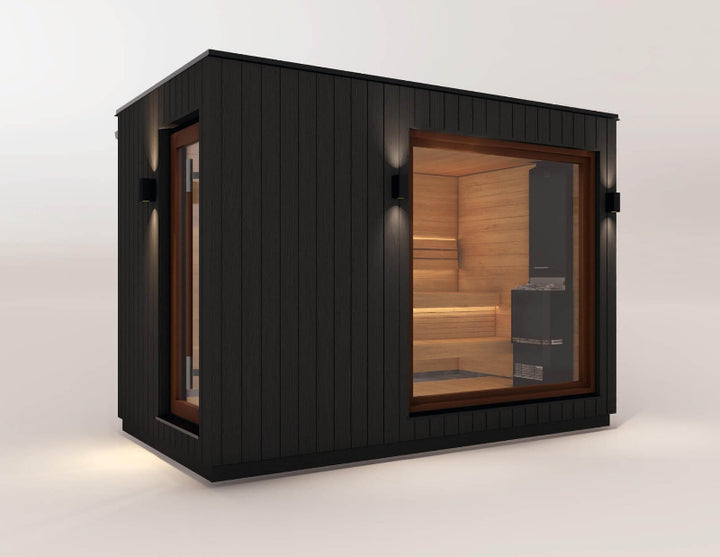 Angled view of the Saunum AirCube Double sauna, showing dual-pane glass windows and wood-lined interior with heater, on a white background.
