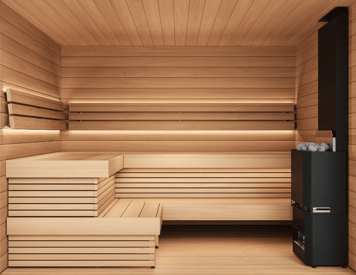 Interior of the Saunum AirCube One sauna with tiered wooden benches, sleek black heater, and ambient LED lighting.