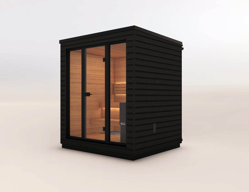 Saunum Classic Mini outdoor sauna with large glass front door, shown on a plain background