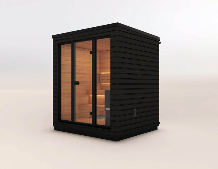 Saunum Classic Mini outdoor sauna with large glass front door, shown on a plain background