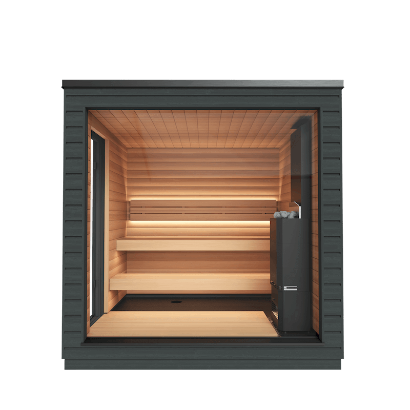 Front-facing view of the Saunum Classic sauna showcasing a large window and layered wooden bench seating, with a transparent background.