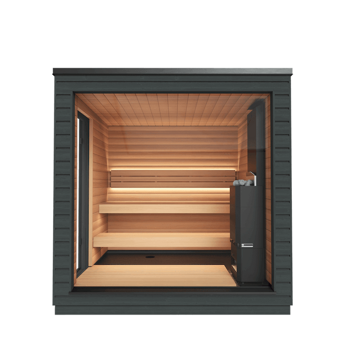 Front-facing view of the Saunum Classic sauna showcasing a large window and layered wooden bench seating, with a transparent background.