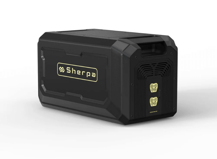 Angled side view of the Sherpa Base 2.0-Extra Battery displaying the Sherpa logo and extra battery connection ports, on a white background.
