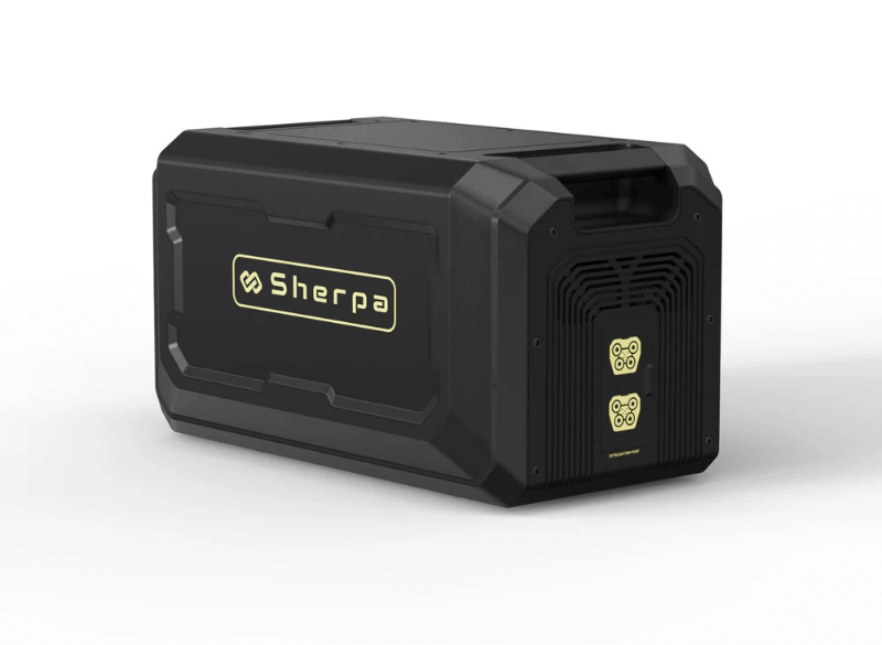 Angled side view of the Sherpa Base 2.0-Extra Battery displaying the Sherpa logo and extra battery connection ports, on a white background.