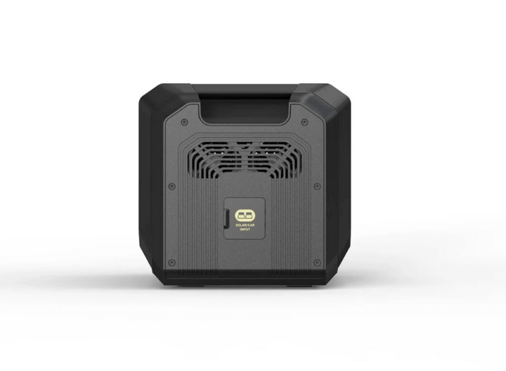 Rear view of the Sherpa Base 2.0-Extra Battery showing the solar/car input port and ventilation grille, on a white background.