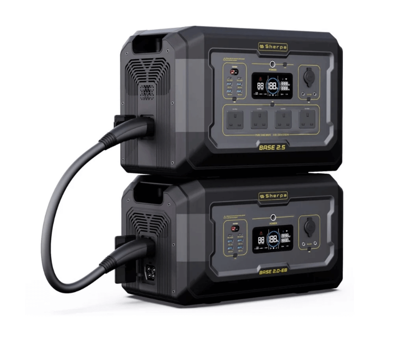 Sherpa BASE 2.5 stacked with one BASE 2.0-EB extra battery, connected via heavy-duty cable, on a white background.