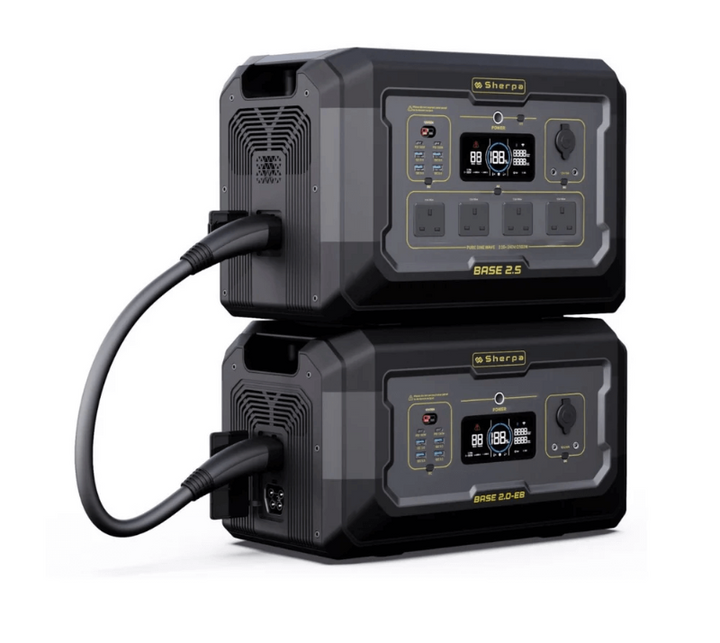 Sherpa BASE 2.5 stacked with one BASE 2.0-EB extra battery, connected via heavy-duty cable, on a white background.