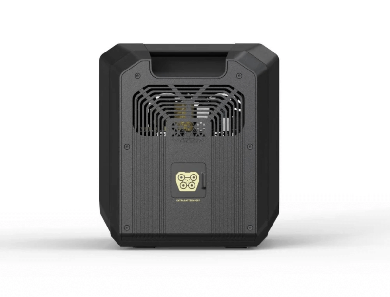 Rear cooling vent and extra battery port of the Sherpa BASE 2.5 portable power station, with white background.