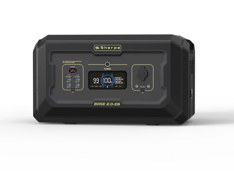 Straight-on front view of the Sherpa Base 2.0-Extra Battery with labeled outputs, digital screen, and power button visible, on a white background.