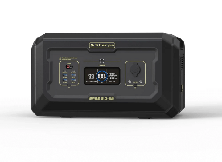 Straight-on front view of the Sherpa Base 2.0-Extra Battery with labeled outputs, digital screen, and power button visible, on a white background.