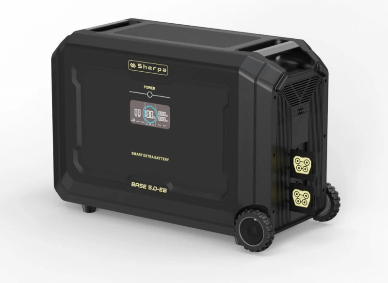 Angled side view of the battery unit showing its smart display screen and visible dual connector ports labeled for external battery use, with white background.