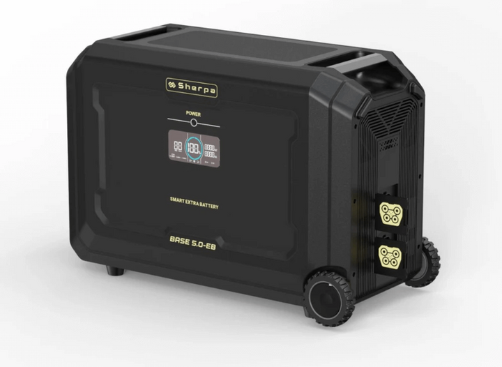 Angled side view of the battery unit showing its smart display screen and visible dual connector ports labeled for external battery use, with white background.