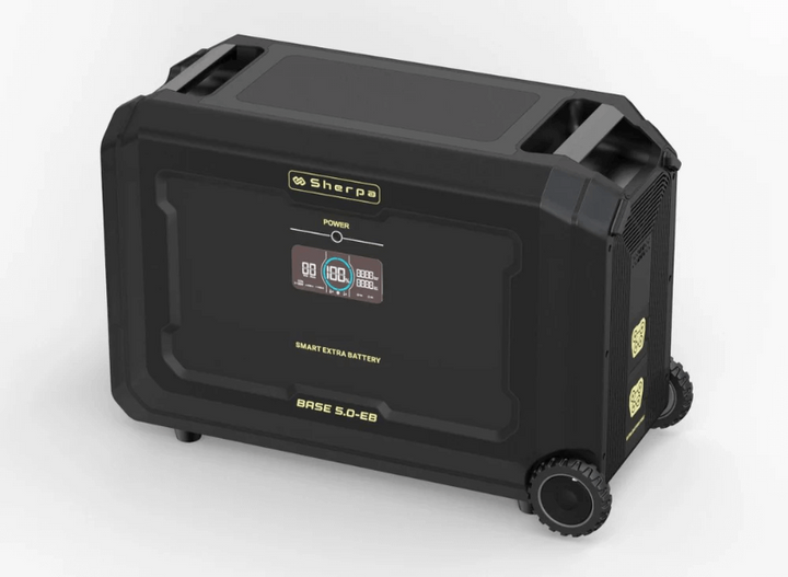 Overhead angled shot of the Sherpa BASE 5.0 Extra Battery featuring a digital battery display on the side panel with status indicators and "BASE 5.0-EB" label, with white background.