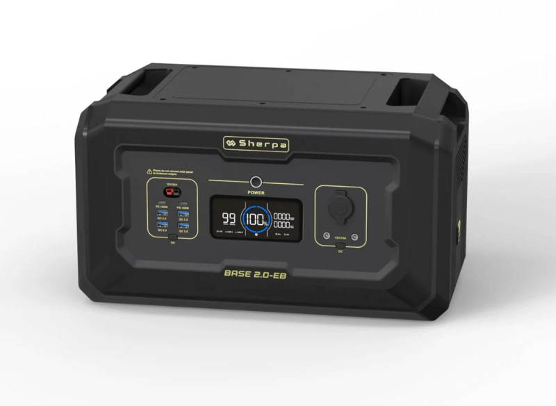 Front view of the Sherpa Base 2.0-Extra Battery featuring the digital power display, output ports, and labeled controls, on a white background.