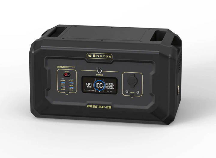 Front view of the Sherpa Base 2.0-Extra Battery featuring the digital power display, output ports, and labeled controls, on a white background.