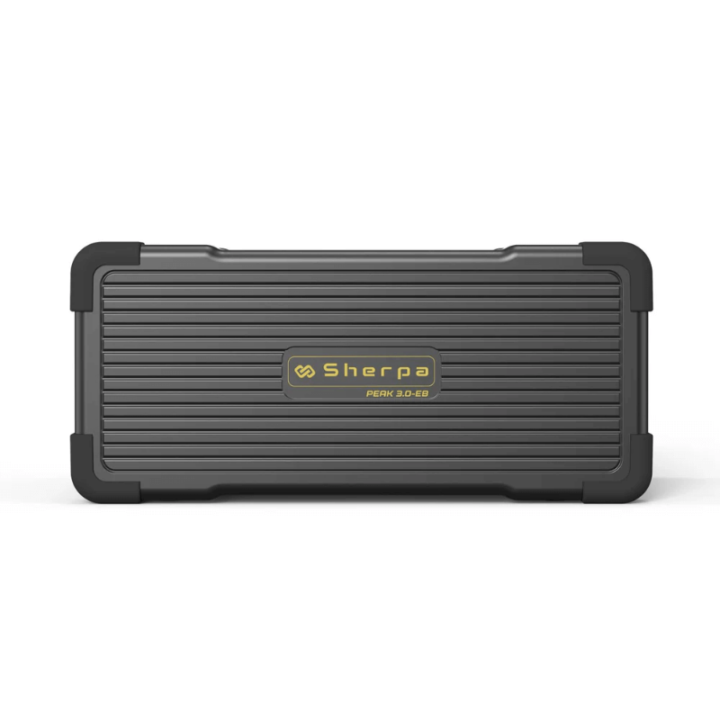 Front view of the Sherpa Peak 3.0 Extra Battery showcasing the logo on a ridged panel design, on a white background.