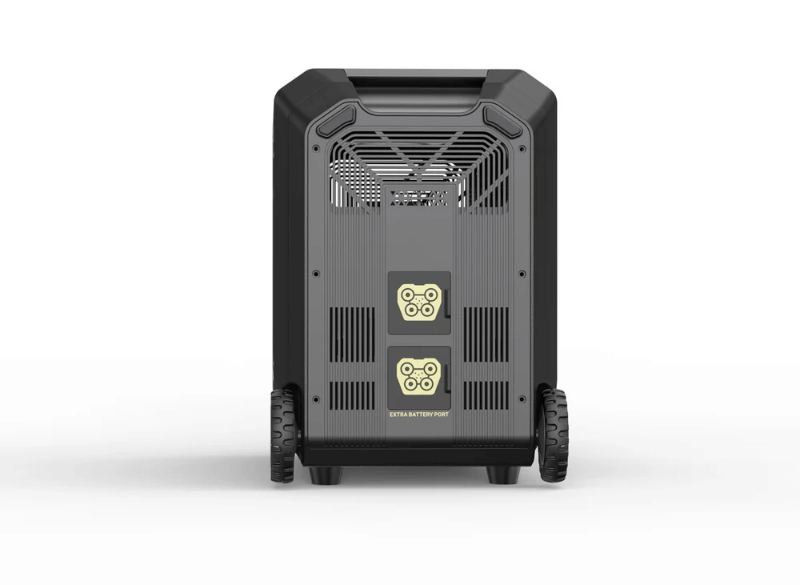 A clean vertical rear view of the Sherpa BASE 5.0 Extra Battery, showing two stacked input/output ports marked “Extra Battery Port” with vent grills above, with plain white background.