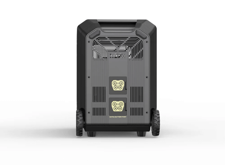 A clean vertical rear view of the Sherpa BASE 5.0 Extra Battery, showing two stacked input/output ports marked “Extra Battery Port” with vent grills above, with plain white background.