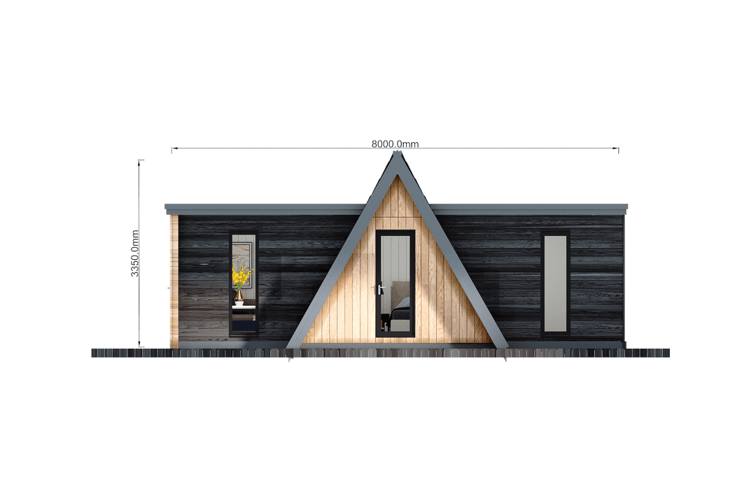Front  of an A-frame glamping unit with wood and black cladding, labelled 8000mm wide and 3500mm tall, on a transparent  background.