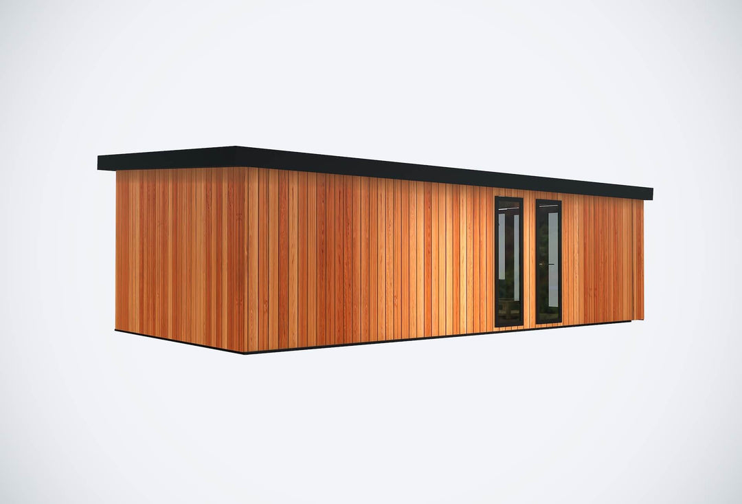 Angled rear-left view of a modern glamping cabin with vertical timber siding, flat black roof, and full-height windows, on a white background.