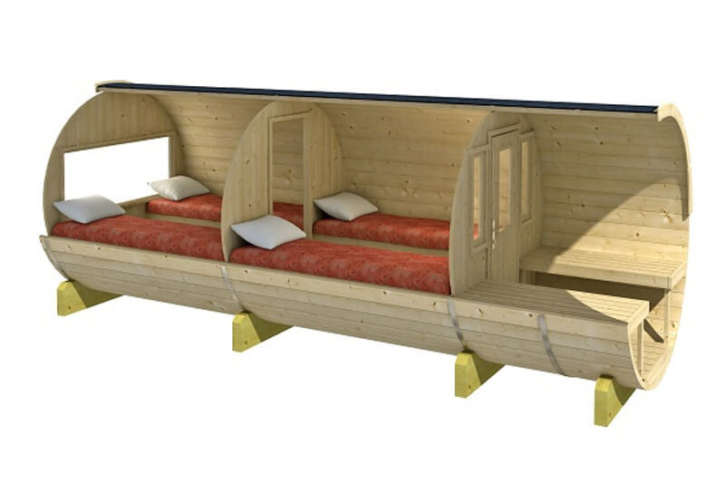 3D render of the InMedias Camping Barrel 480, showing a cutaway view with three sleeping beds and wooden partitions inside a barrel-shaped glamping pod; on a white background.