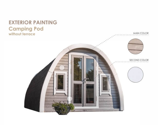 Viking Industrier 3.2 x 5.9m Camping Pod exterior rendering with main and secondary paint colors labeled on a white background.