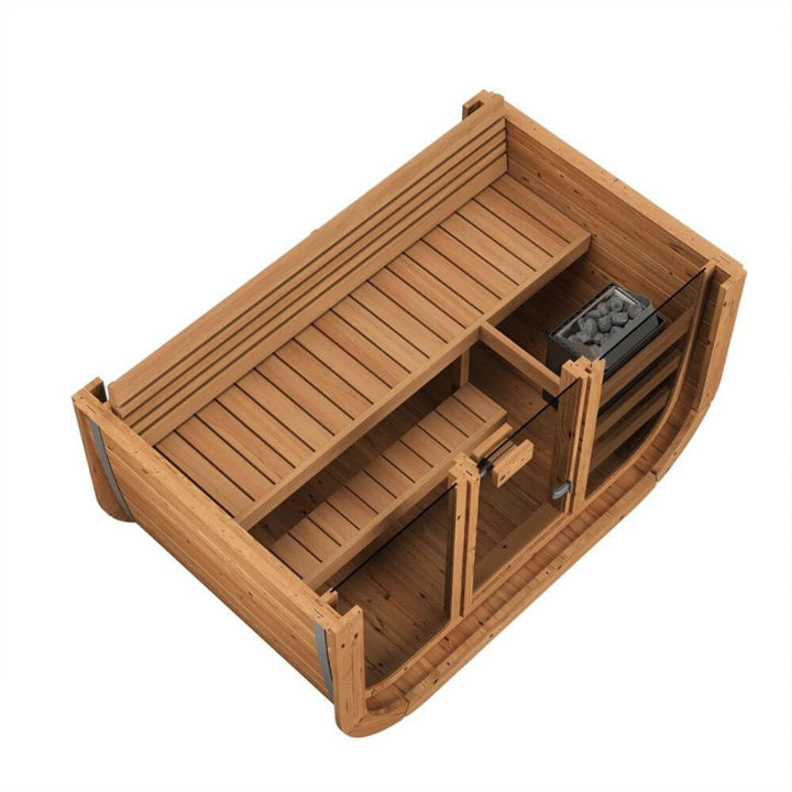 InMedias Sauna Icon 125 top-down 3D cutaway – interior rendering showing the bench layout, heater position, and wooden construction, on a white background.