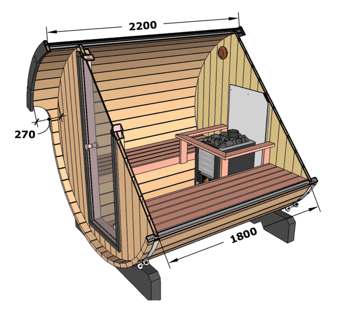 Interior schematic view of the InMedias Barrel Sauna 220 with wooden benches, a heater, and labeled measurements on a white background.