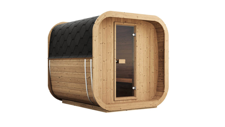 InMedias Sauna Icon 200S angled side view on a white background with black shingle roof and light wooden finish.