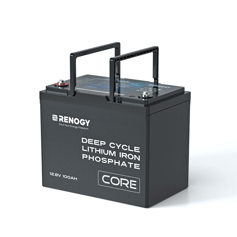 Renogy Deep Cycle Lithium Iron Phosphate battery (12.8V 100Ah CORE series) shown with upright carry handles. The black case has white printed labeling and terminal posts on top, on white backkground.