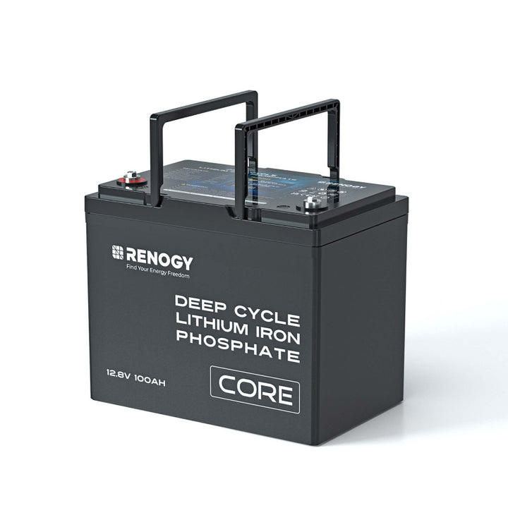 Renogy Deep Cycle Lithium Iron Phosphate battery (12.8V 100Ah CORE series) shown with upright carry handles. The black case has white printed labeling and terminal posts on top, on white backkground.