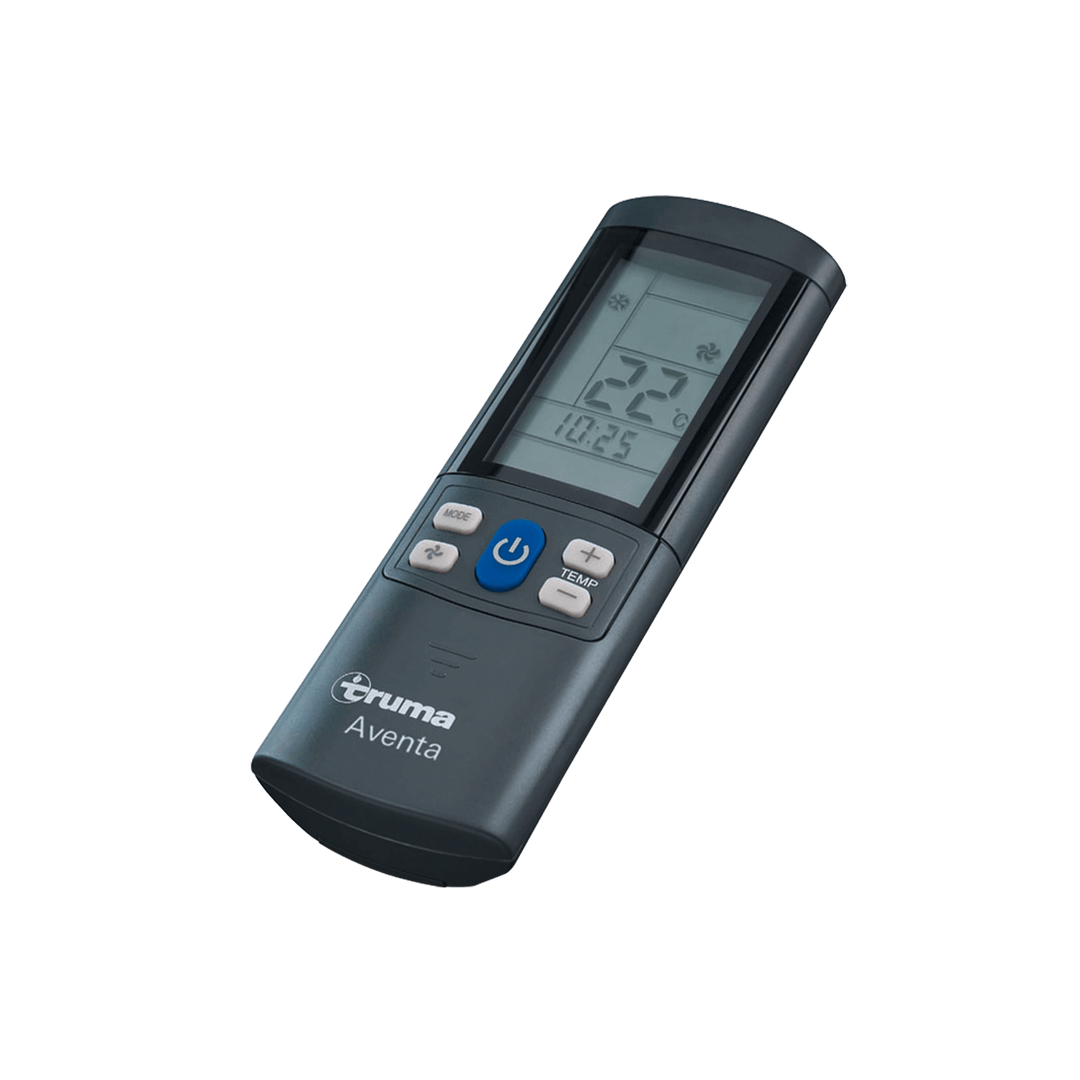 Close-up of the Truma Aventa remote control displaying temperature and settings, labeled with “Aventa", in a transparent background.