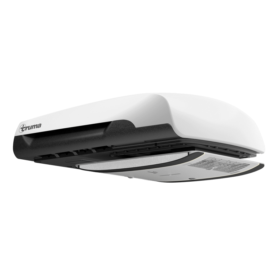 Side view of the Truma Aventa Comfort air conditioner in white, showcasing its contoured design and air outlet, on a transparent background.