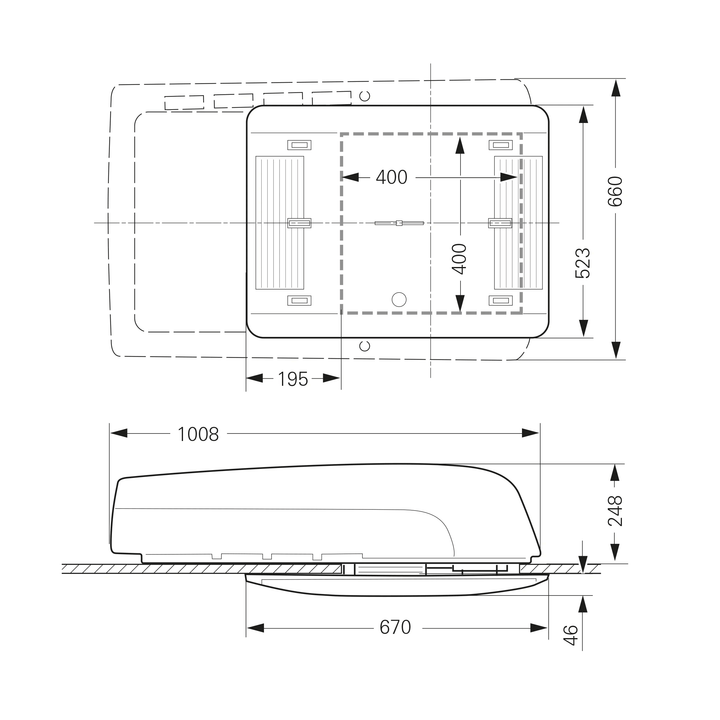 Technical drawing of the Truma Aventa Comfort unit with dimensions and side/top profile view for installation guidance.