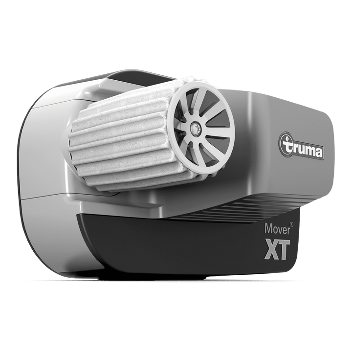 Close-up image of the Truma Mover XT 4 motor unit with textured roller and compact design, labeled "Mover XT", on a transparent background.