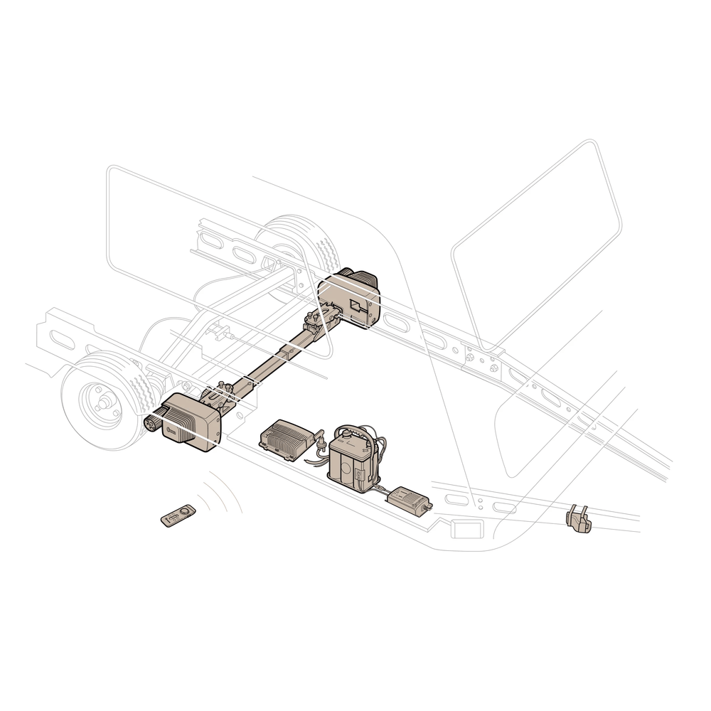 Technical illustration showing the full Truma Mover XT 4 system installed underneath a caravan, including motors, control unit, battery, and wiring.