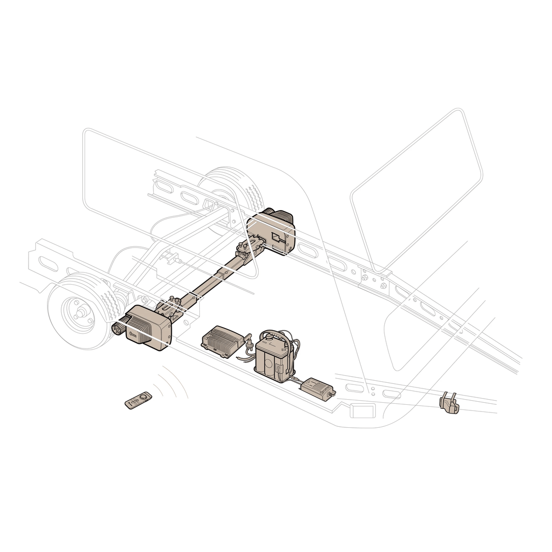 Technical illustration showing the full Truma Mover XT 4 system installed underneath a caravan, including motors, control unit, battery, and wiring.