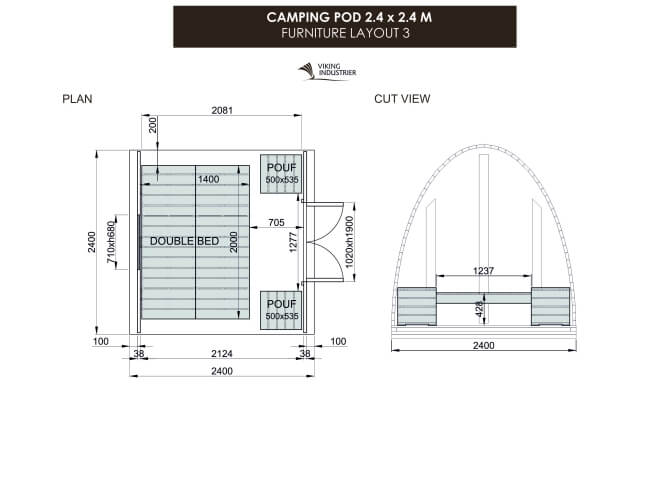 Furniture layout 3 with double bed and poufs inside a Viking Industrier 2.4 x 2.4m Camping Pod on a white background.