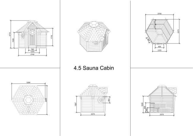 Technical drawing of Viking Industrier sauna cabin 4.5m² from multiple angles including top, side, front, and sectional views, on a white background.
