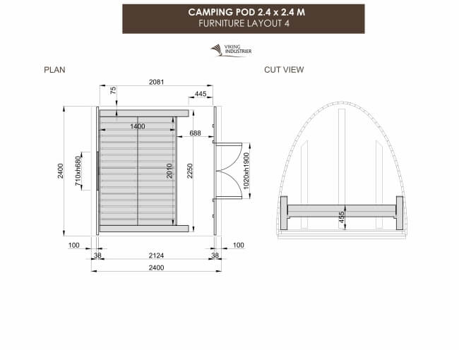 Furniture layout 4 with extended double bed in a Viking Industrier 2.4 x 2.4m Camping Pod on a white background.