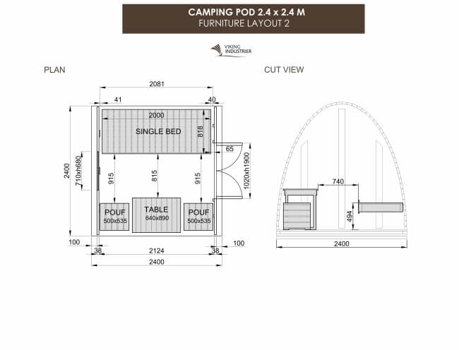 Furniture layout 2 with single bed, table and poufs in a Viking Industrier 2.4 x 2.4m Camping Pod on a white background.
