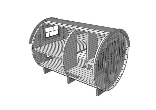 Cross-section drawing of the Viking Industrier 2.2 x 3.3m Sleeping Barrel showing interior layout and bunk bed structure, on a white background.