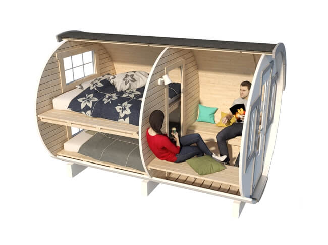 3D cutaway view of Viking Industrier 2.2 x 3.3m Sleeping Barrel with two people seated inside and bunk beds visible, on a white background.