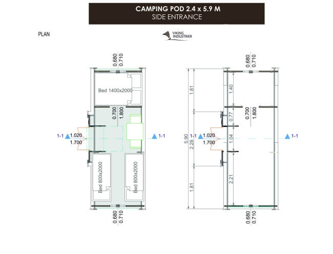Viking Industrier 2.4 x 5.9m Camping Pod with Side Entrance technical floor plan dimensions on a white background.